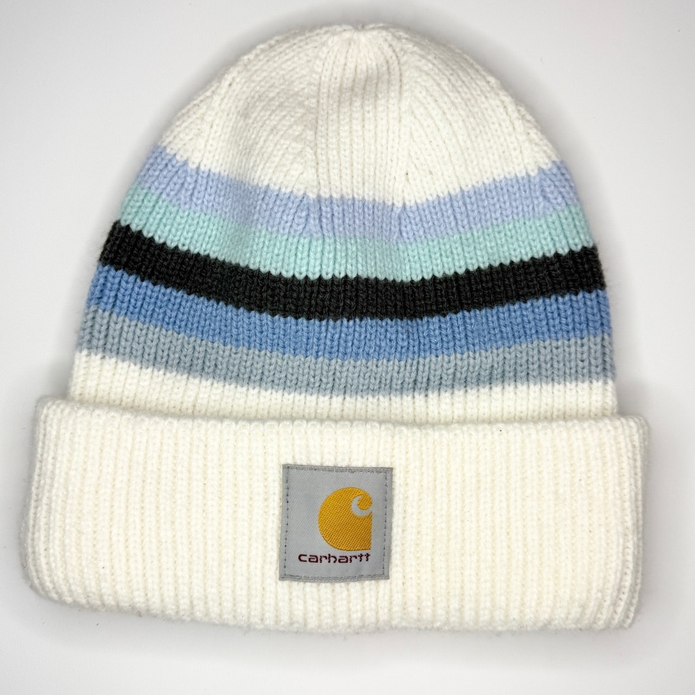 Carhartt Women’s Rib-Knit Beanie Off White Blue Gray Stripe